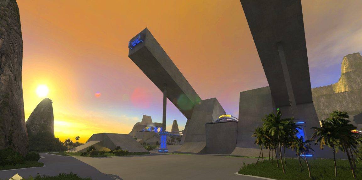 Environnement 3D : structures en béton au coucher du soleil, palmiers et éclairages bleus