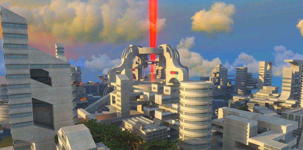 Environnement 3D : cité futuriste vue de dessus