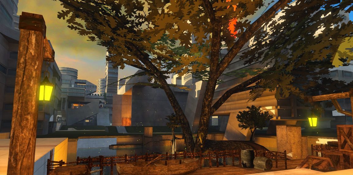 Environnement 3D : patio urbain avec arbre central