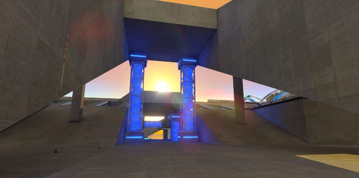 Environnement 3D : grande halle sombre avec éclairage bleu en contre-jour