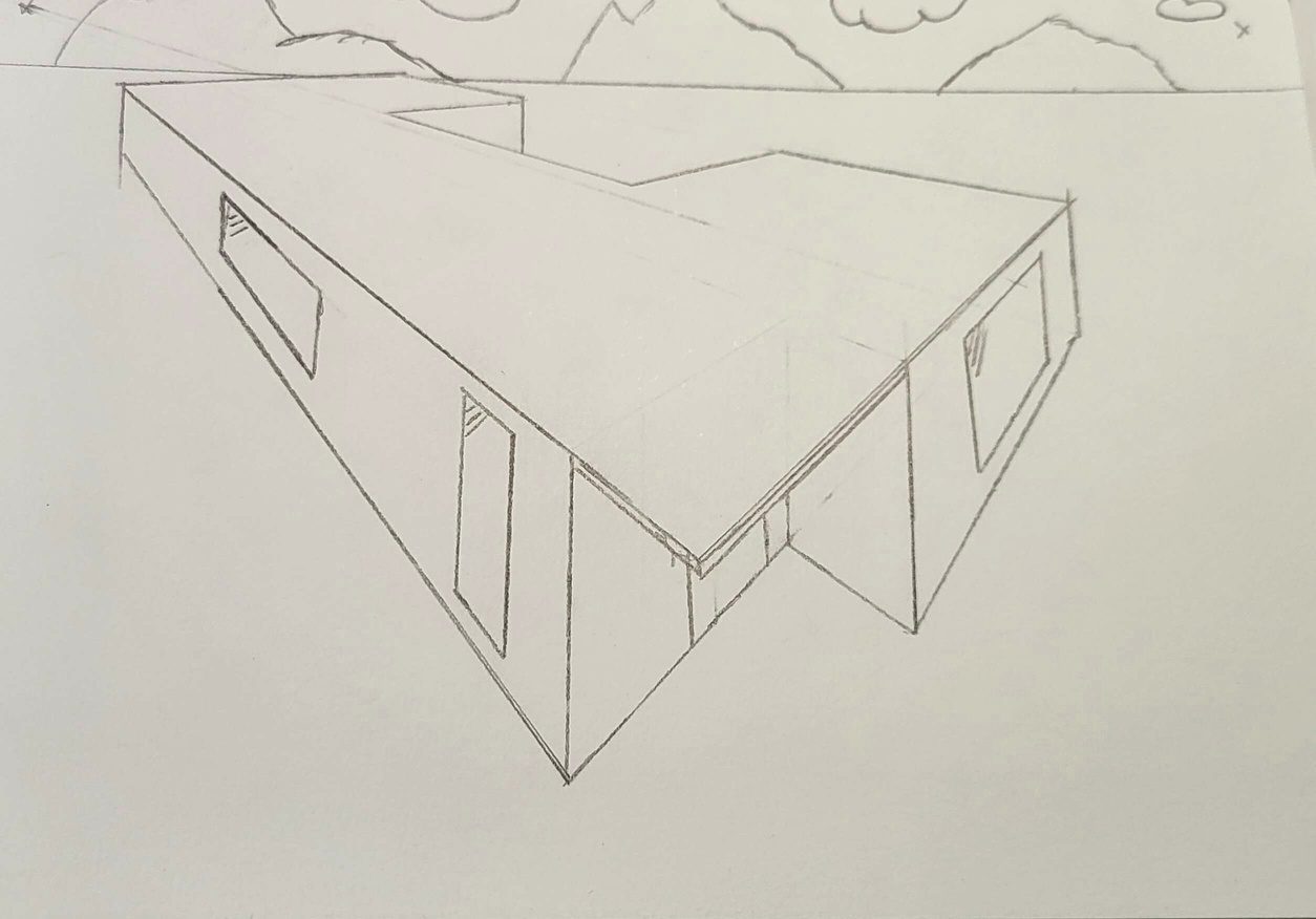 Dessin au crayon : perspective d'une maison contemporaine à toiture plate