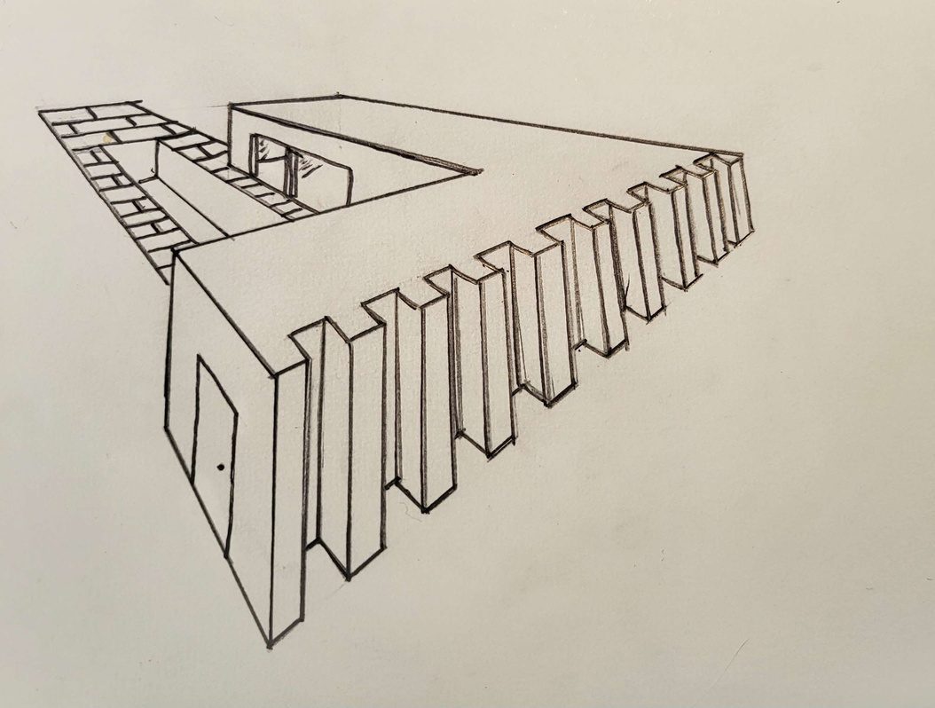 Dessin au crayon : maison en L avec façade à redents