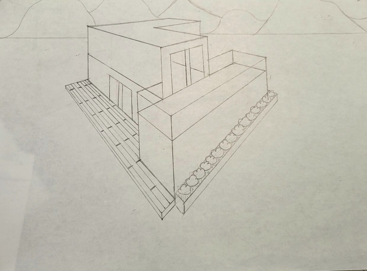 Dessin au crayon : maison posée sur un socle avec escalier