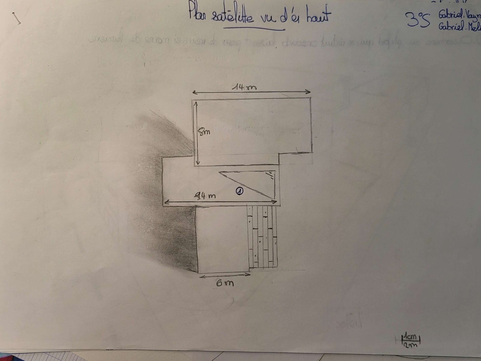 Plan vu de dessus, coté, d'une maison décomposée en volumes rectangulaires, échelle 1 cm pour 2 m