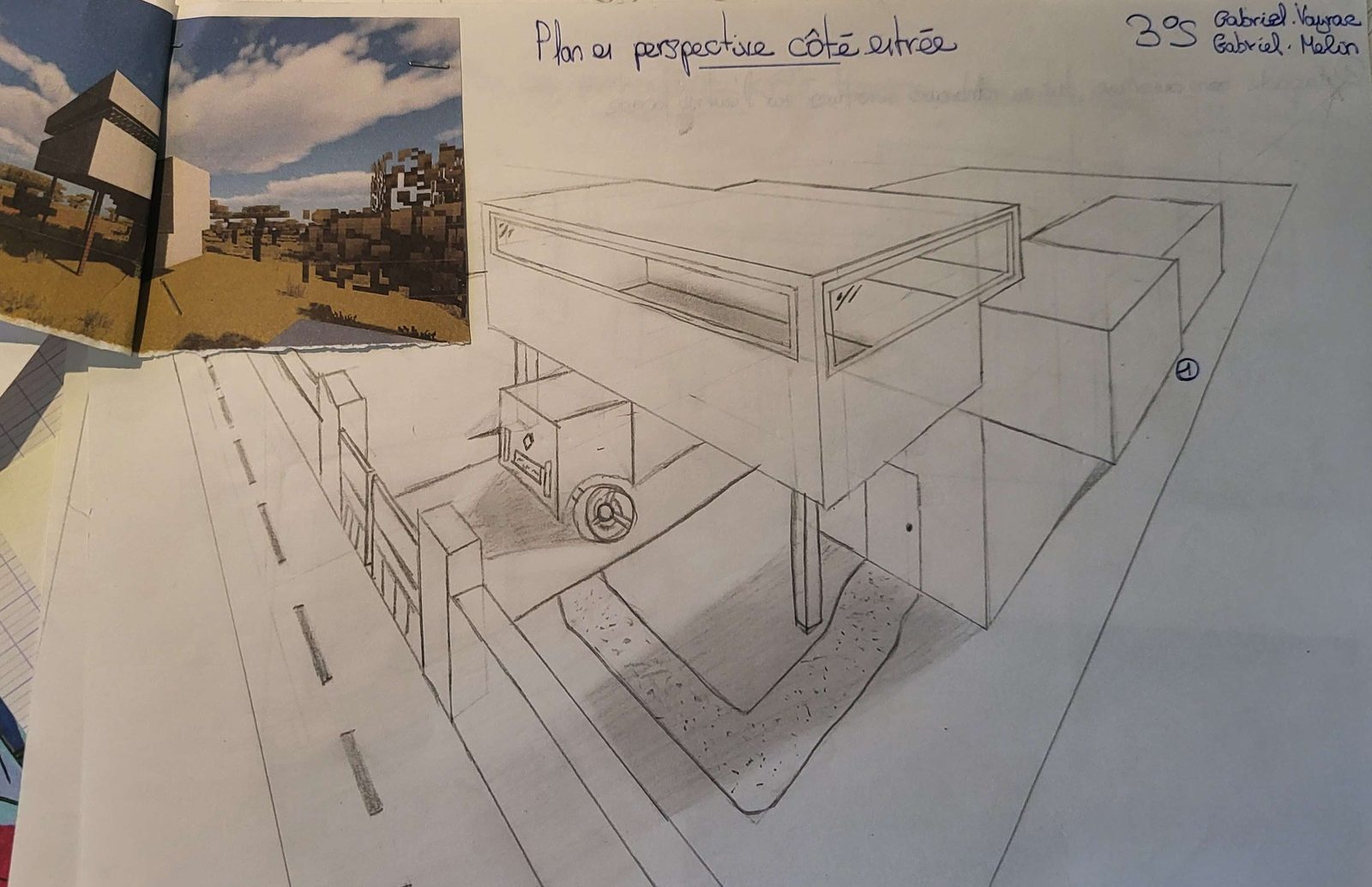 Perspective au crayon de la façade d'entrée, avec le rendu 3D de la même maison en vignette