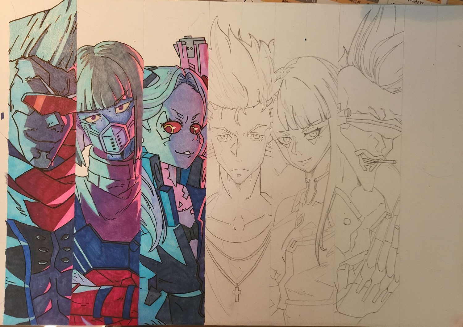 Grand dessin format A3 en feutres et crayons de couleur